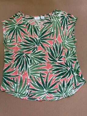 Sigrid Olsen Coral Tank Top with Green Palm Print